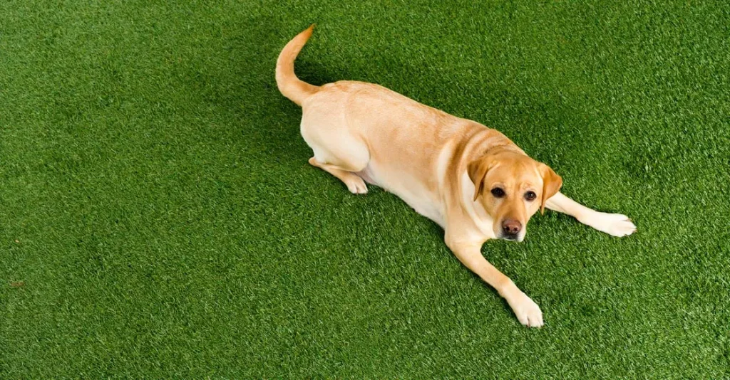 A yellow dog lying on green grass