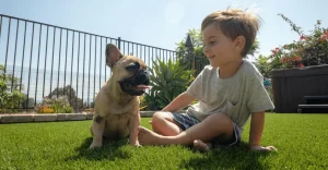 A child sits on grass next to a dog, both looking at each other in a sunny yard