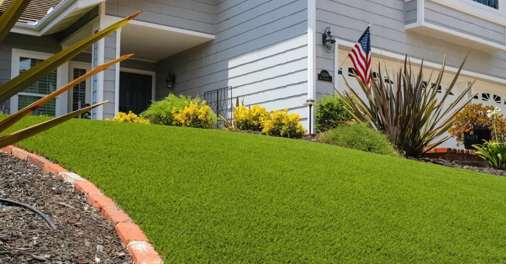 Close-up of a green lawn in front of a house with plants and an American flag