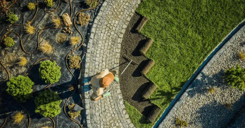 Aerial view of a person laying sod in a landscaped garden area