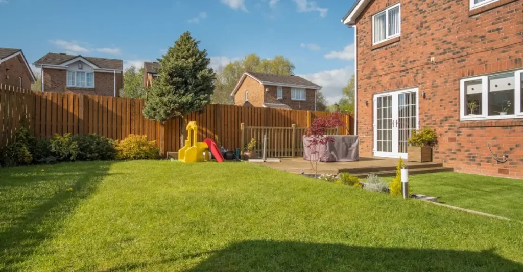 Backyard with green grass, wooden fence, tree, and play equipment. Brick house visible