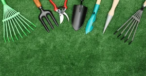 Row of gardening tools on green grass: rake, trowel, pruners, and fork