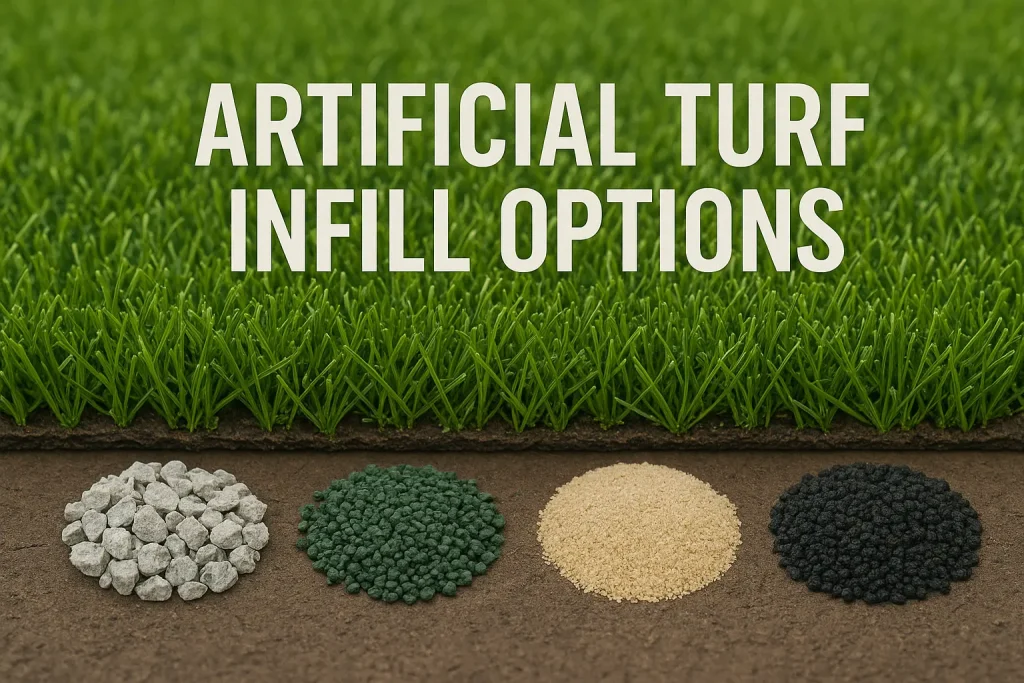 Four types of infill materials with artificial grass in the background