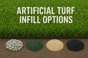 Four types of infill materials with artificial grass in the background