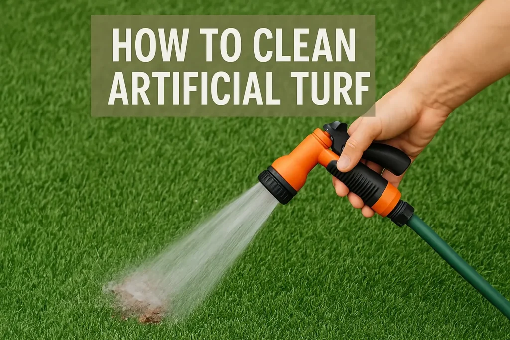 Hand holding a garden hose spraying water on artificial turf with text above