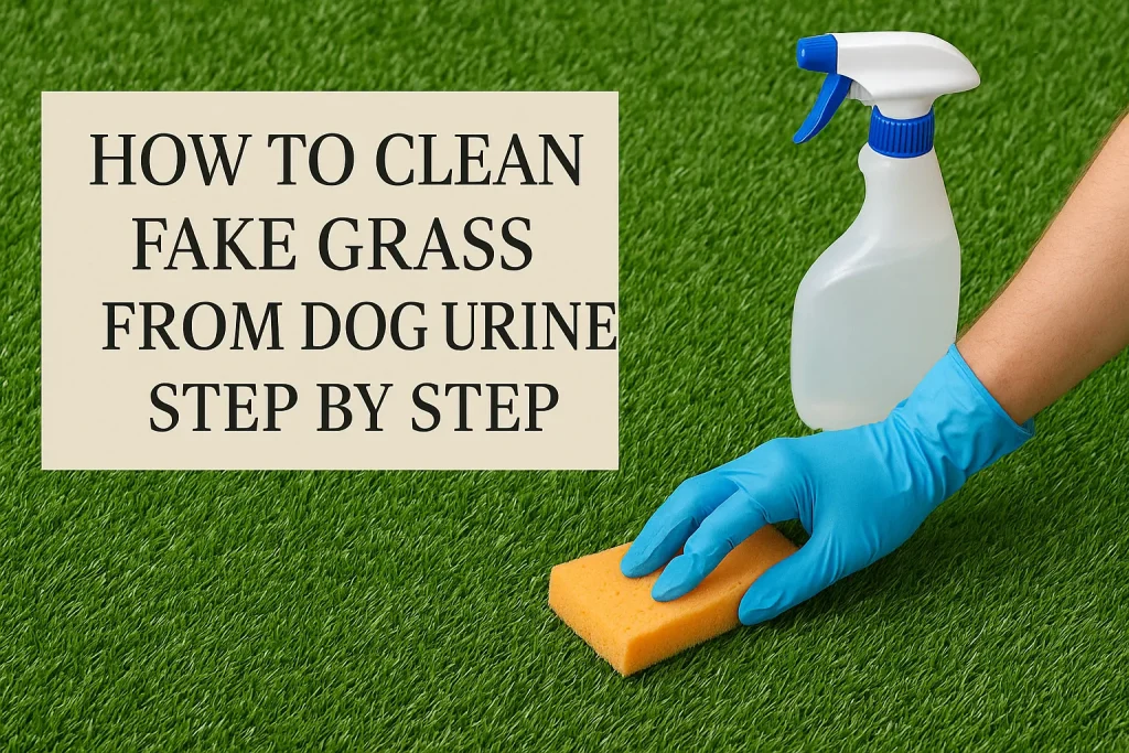 A gloved hand holds a sponge on artificial grass next to a spray bottle and text instructions