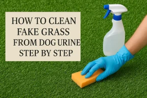 A gloved hand holds a sponge on artificial grass next to a spray bottle and text instructions