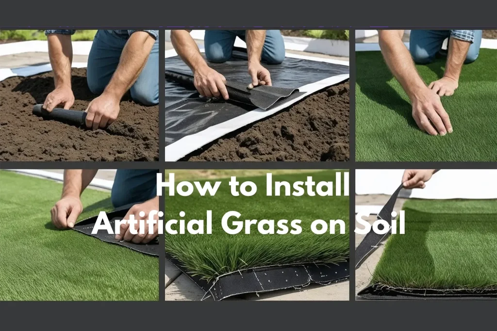 Collage of six images showing steps to install artificial grass on soil