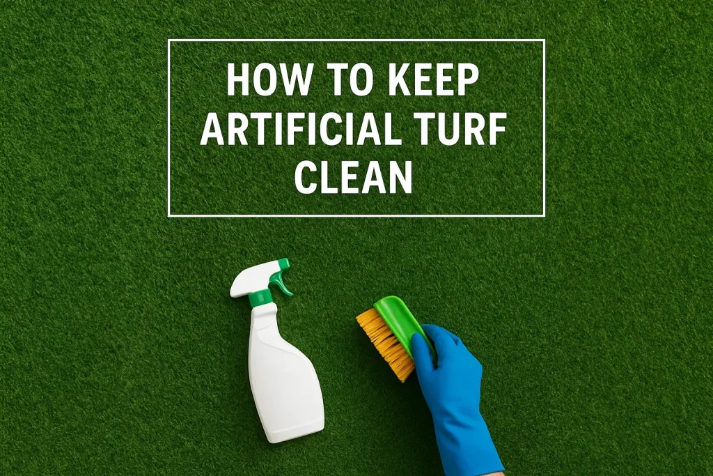 Text reads: "How to keep artificial turf clean." A hand holds a spray bottle and a brush on grass