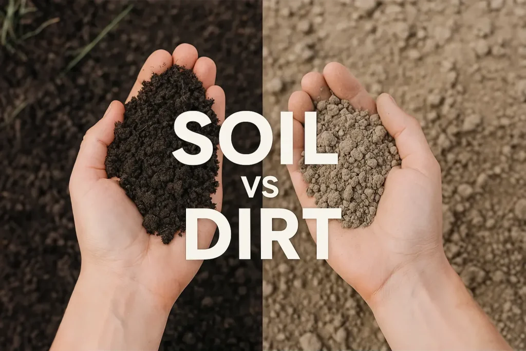 Two hands holding soil and dirt, with the text "SOIL vs DIRT" in the center