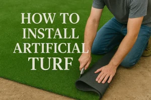 Person kneeling, cutting a roll of artificial turf on the ground. Text above reads: "How to Install