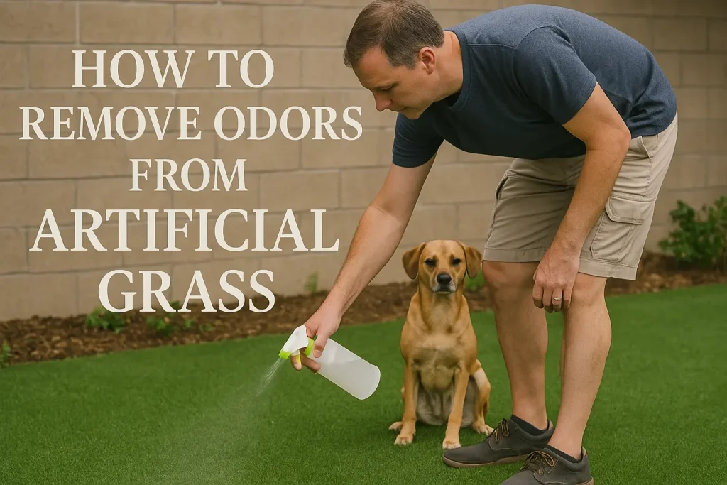 A man sprays a cleaning solution on artificial grass while a dog sits nearby