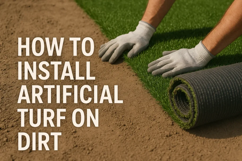 Person wearing gloves rolls out artificial turf on dirt. Text on image: "How to install artificial t