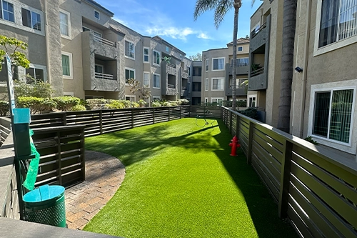 Lawn area surrounded by buildings with a pathway, fence, and a red fire hydrant