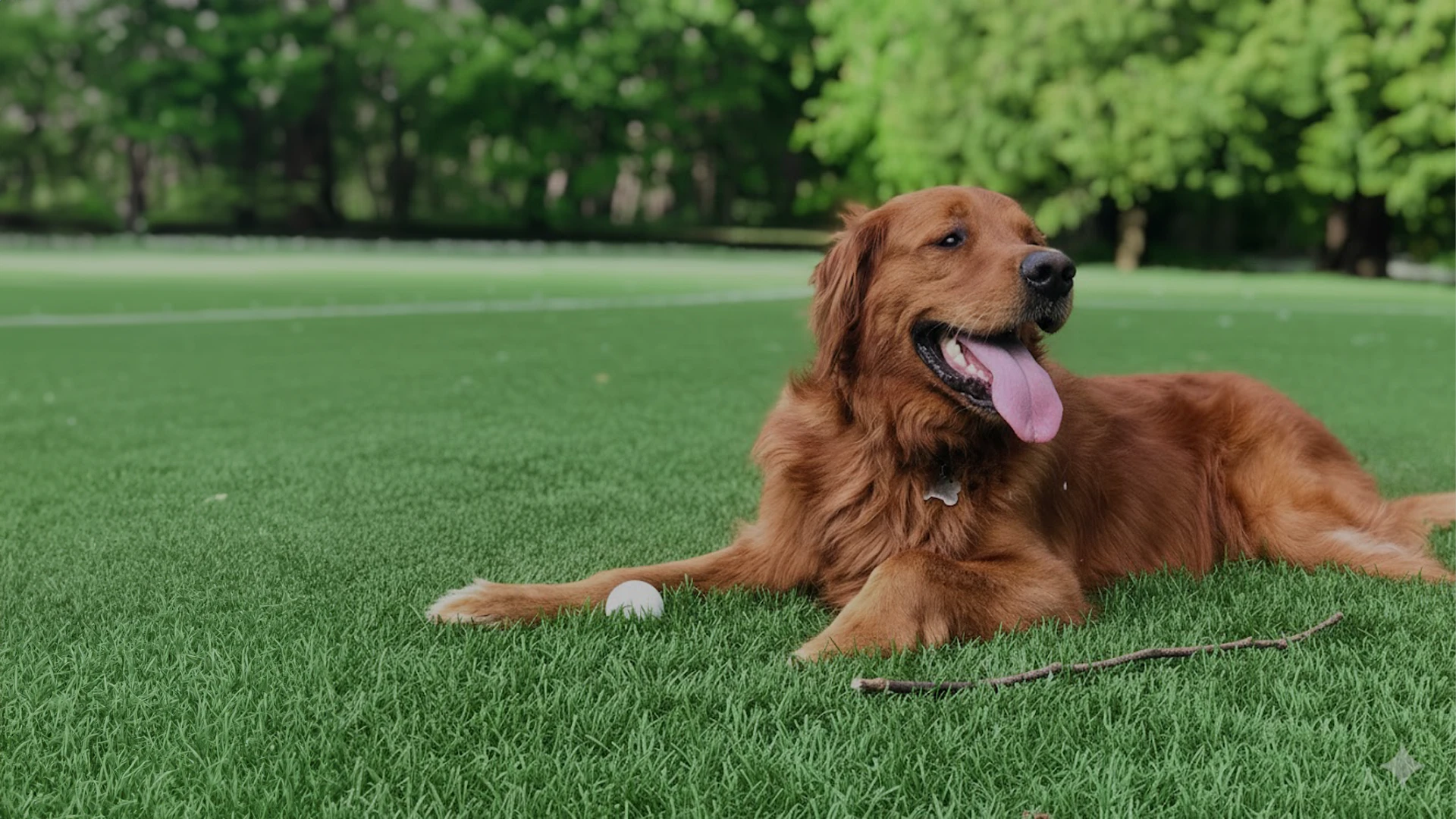 A golden retriever lying on grass with a stick and small ball nearby