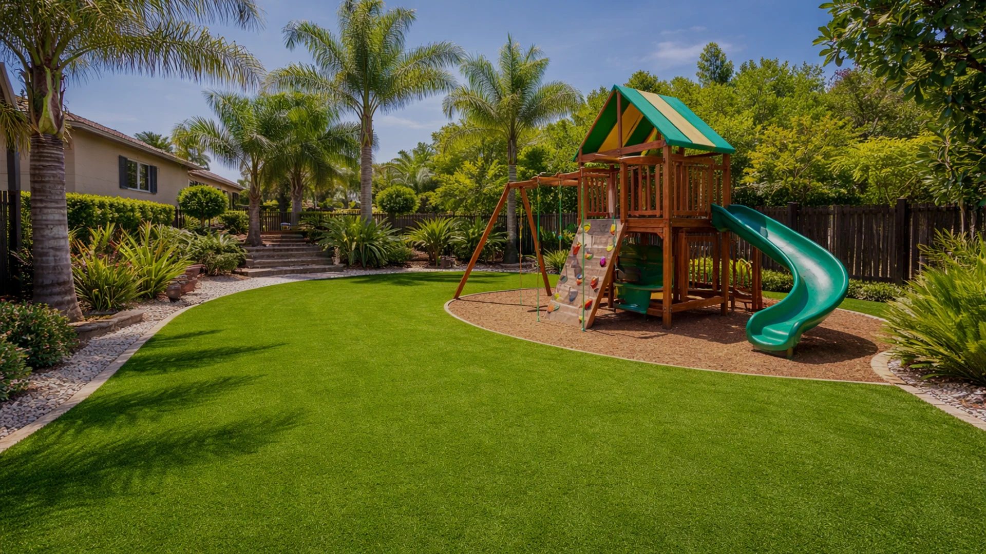 A grassy backyard with a wooden playset, slide, and palm trees under a blue sky