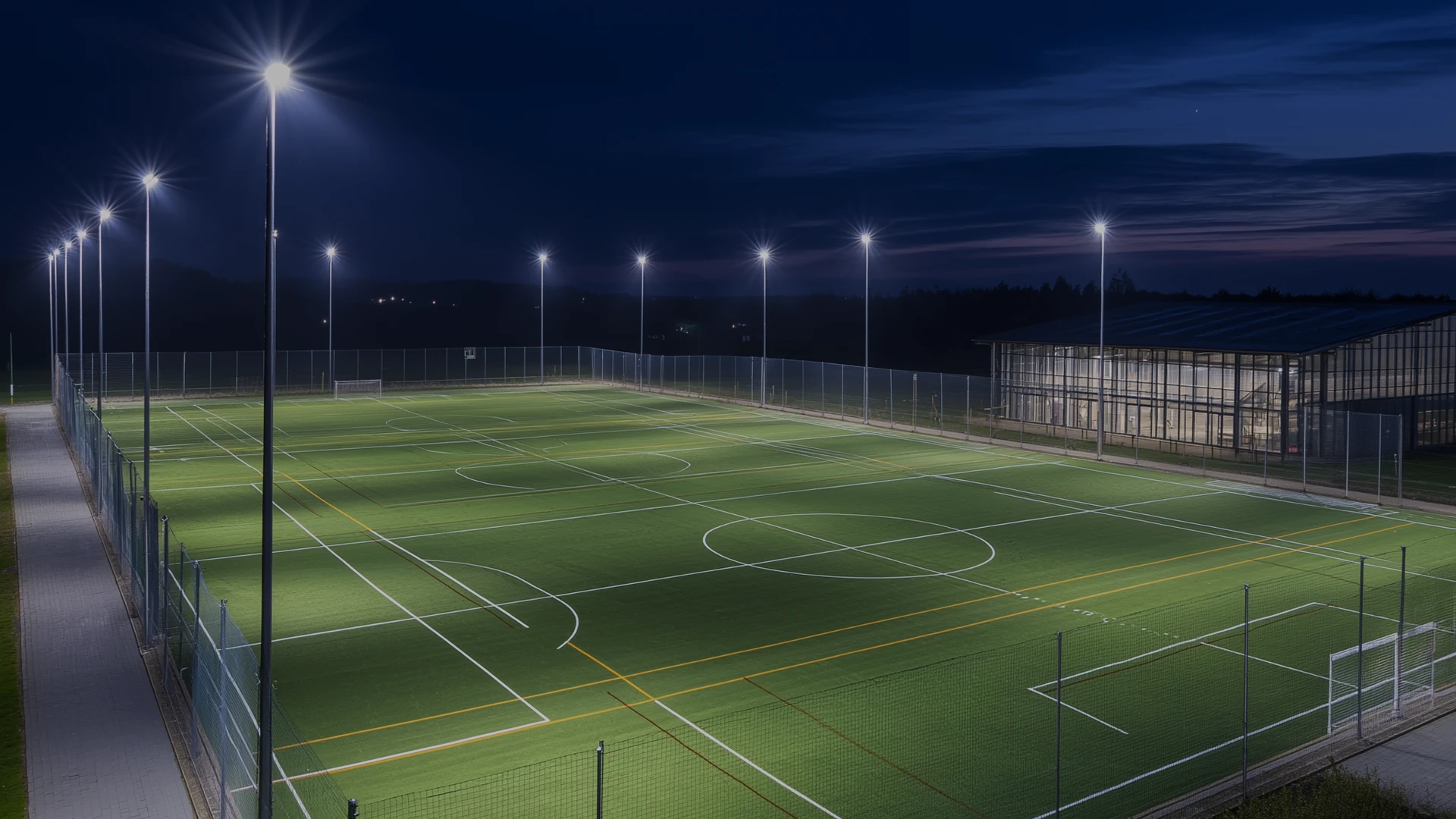 Illuminated soccer field at night, with surrounding fences and goalposts