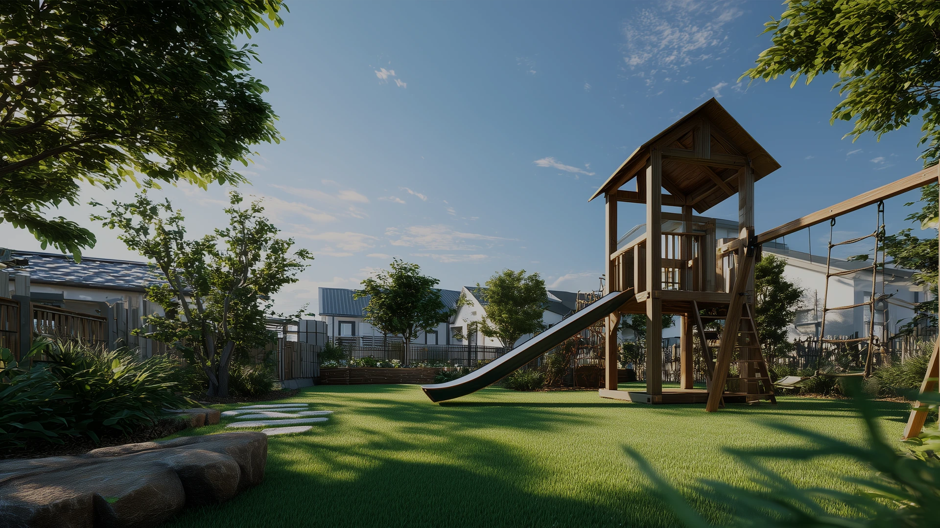 Playground with a wooden structure, slide, and trees under a clear blue sky