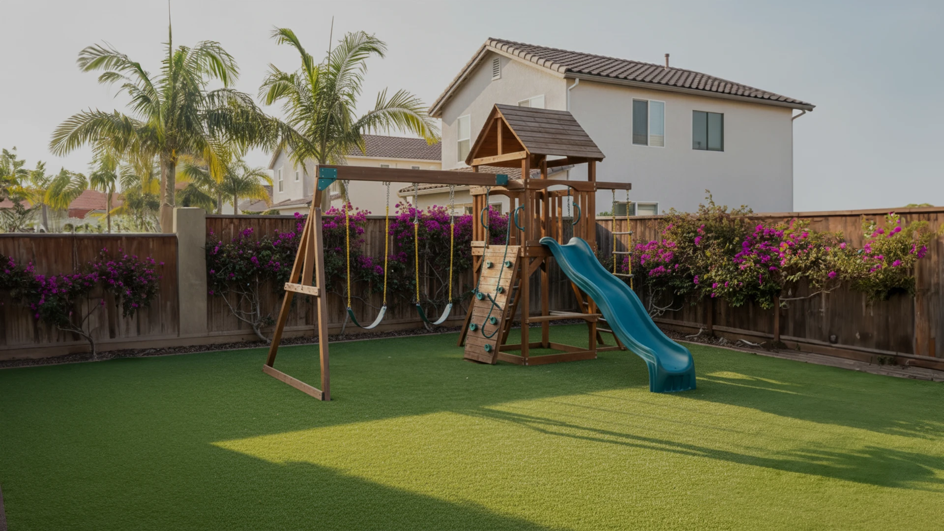 Playground with swings and a slide on artificial grass, with a house and flowers in the background