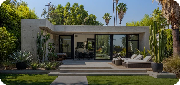Contemporary house with large windows, surrounded by greenery and palm trees