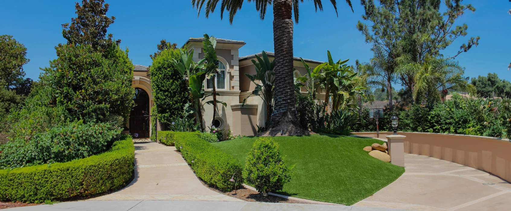 A large house surrounded by greenery and palm trees, with a curved driveway