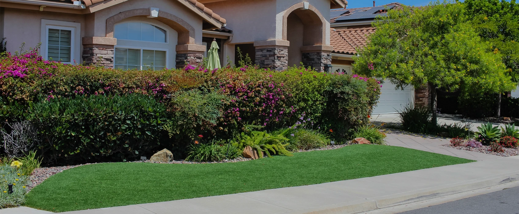 A well-maintained lawn and colorful shrubs in front of a house