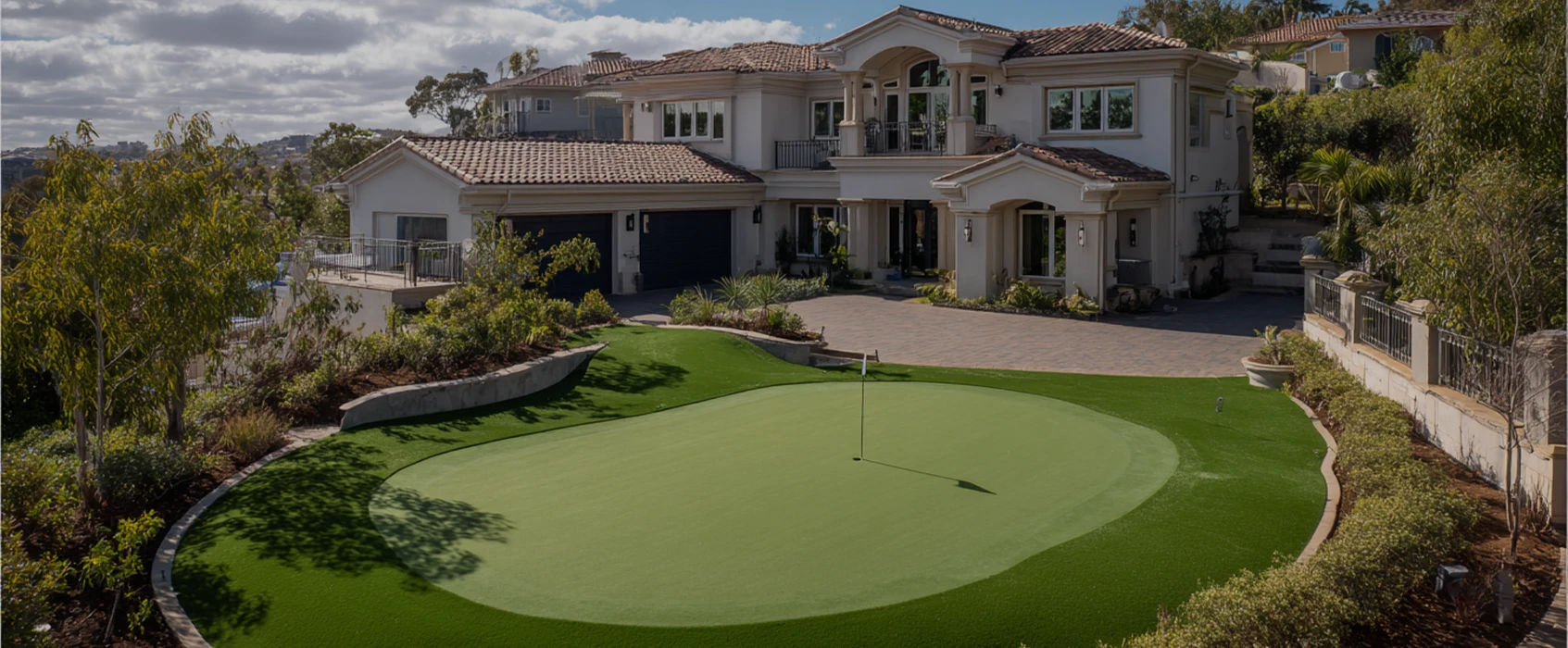 A large house with a golf putting green in the foreground and landscaped surroundings