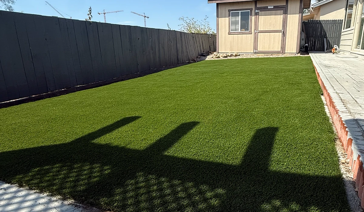 A backyard with artificial grass and a shed in the background