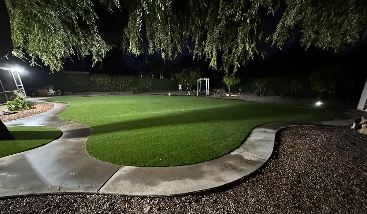 Nighttime view of a grassy yard with a concrete pathway and a swing set