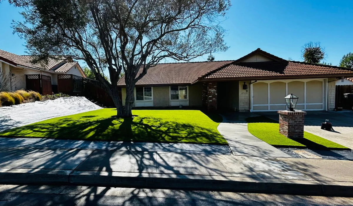 Single-story house with a lawn, tree, and driveway on a clear day