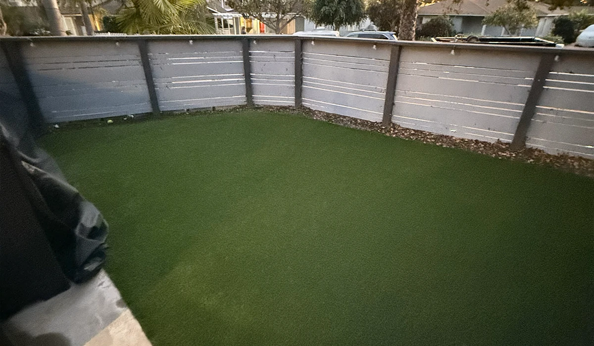 A fenced area with artificial grass and no obstacles or furniture