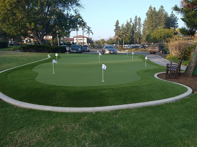 A putting green with flags, surrounded by grass and a sidewalk, in a landscaped area