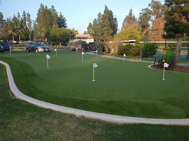 Putting green with white flags, surrounded by grass and trees; cars parked nearby