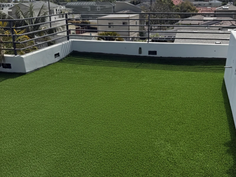 Rooftop area with artificial grass and a railing, overlooking buildings and landscape